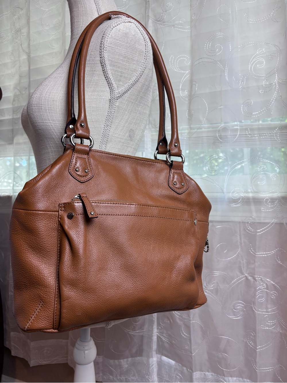 Tignanello Carmel Pebbled Leather Tote Handbag w/Silvertone Hardware